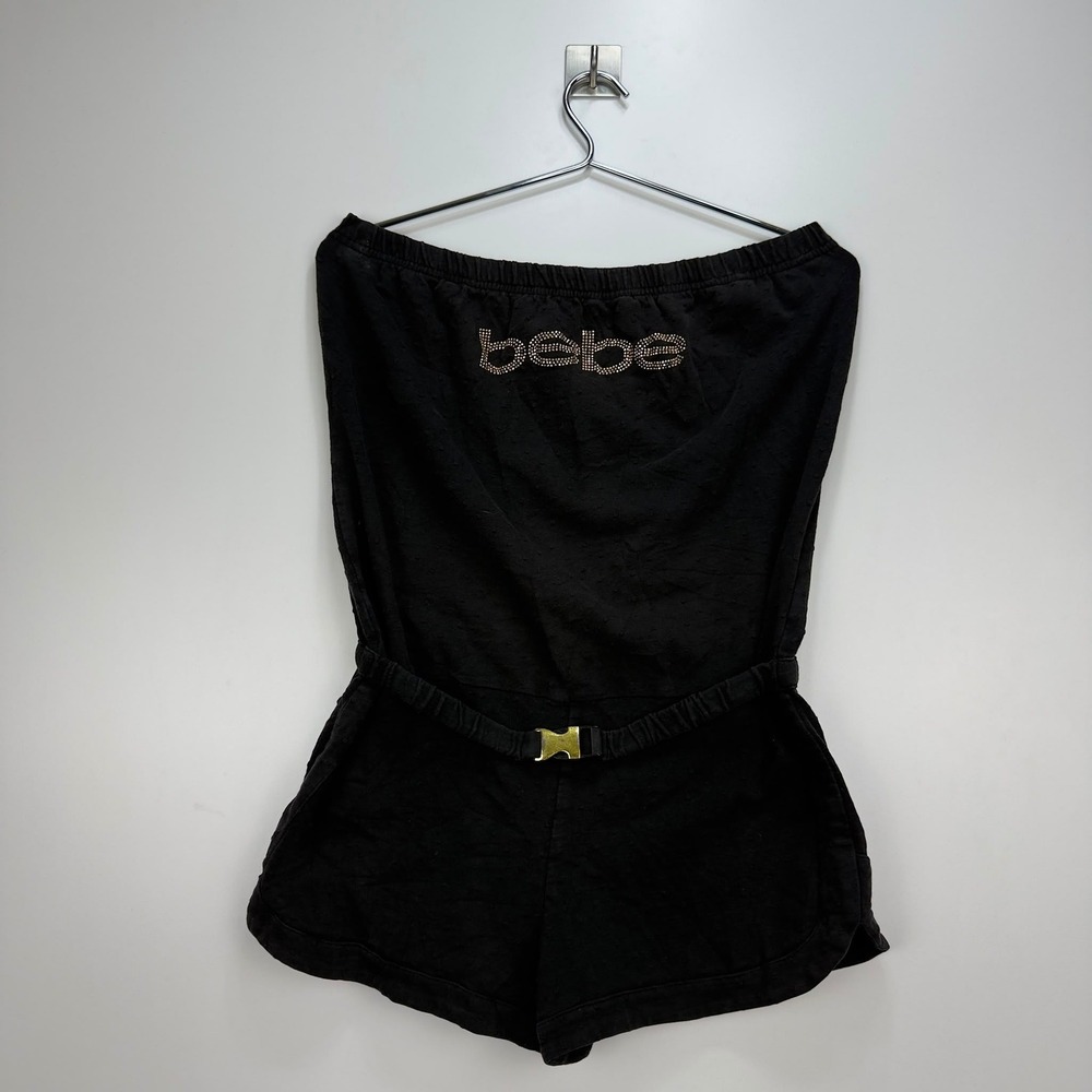 Bebe Y2K Strapless Romper Black Rhinestone Logo Belted Women's Medium Playsuit